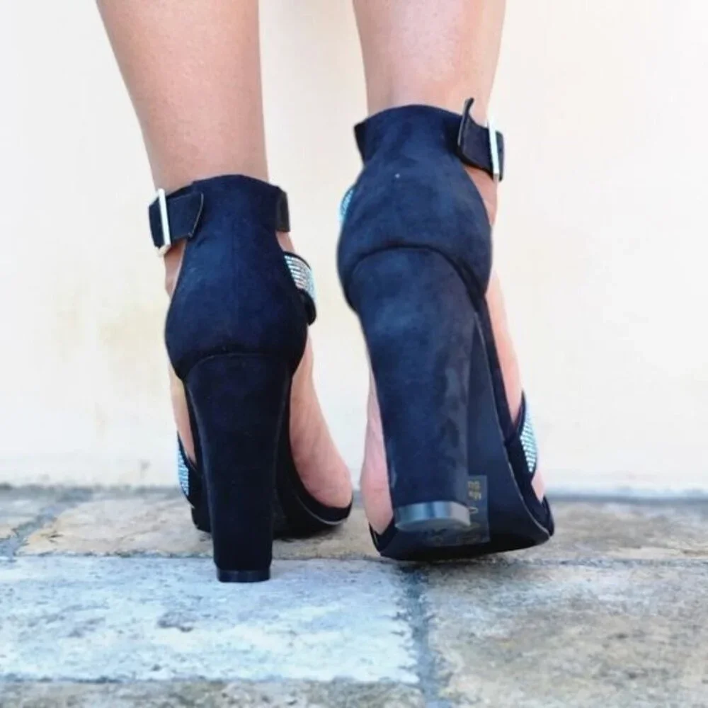 Women's Black Rhinestone Chunky Heeled Ankle Strap Sandals